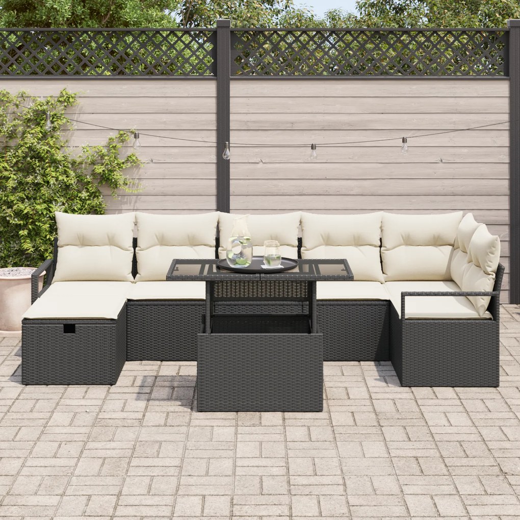 Conjunto de Sofás de Jardim de 8 Peças com Almofadas Preto Rattan Poli