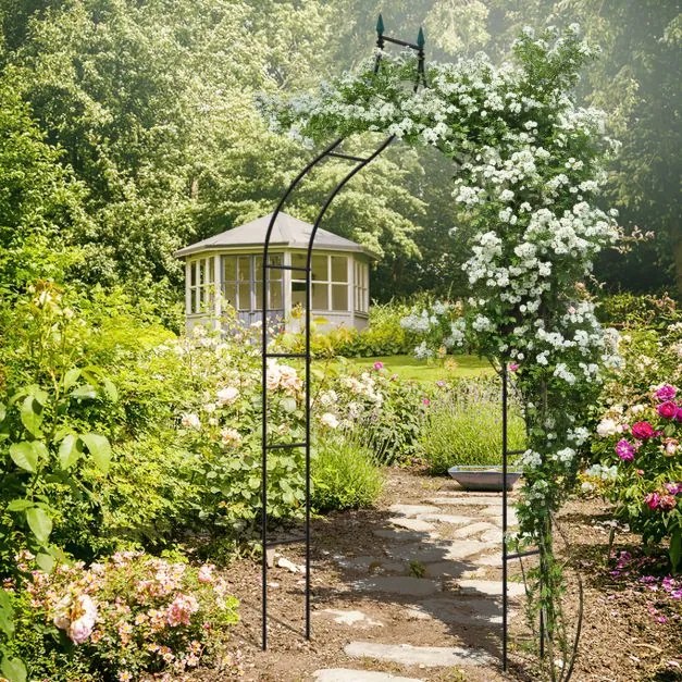 Arco treliça metálico decorativa de 287 cm para jardim Estilo gótico para plantas trepadeiras rosas de videira preto