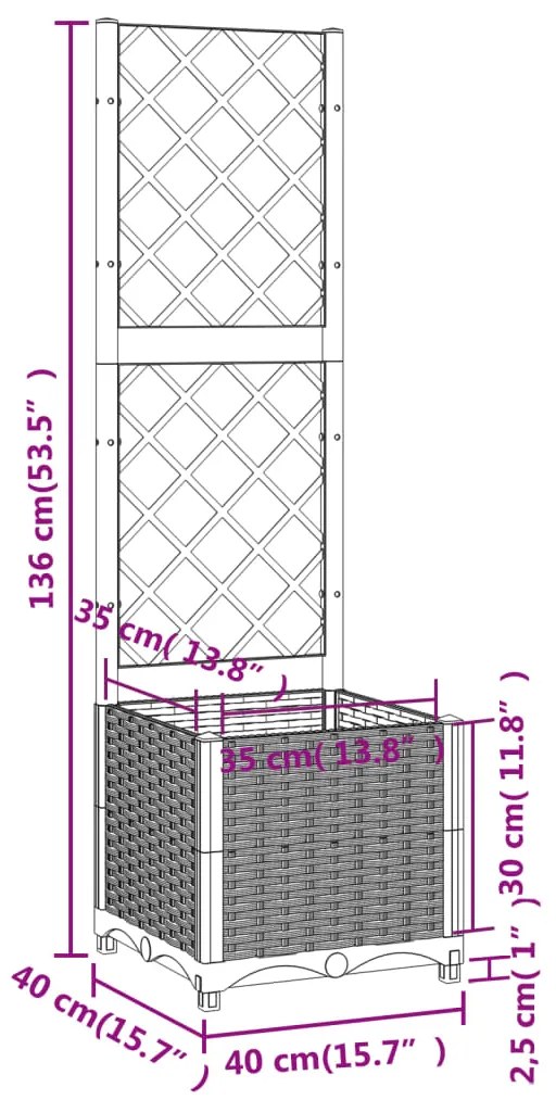 Vaso/floreira jardim c/ treliça 40x40x136 cm PP branco