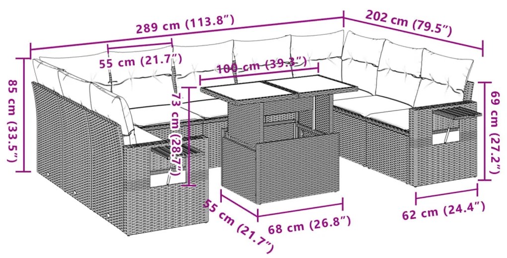 10 pcs conj. sofás jardim com almofadões vime PE cinzento-claro