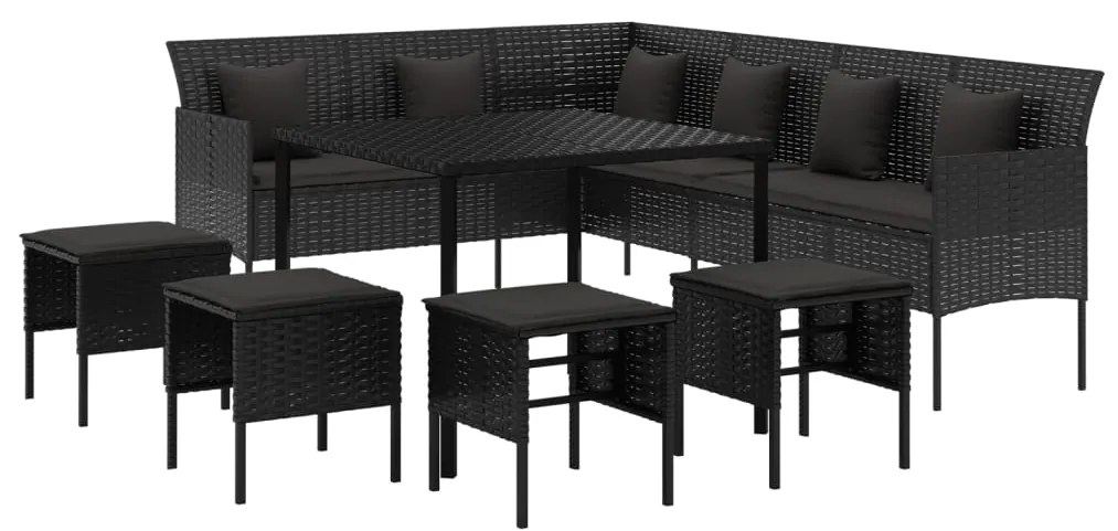 6 pcs conjunto de jantar p/ jardim c/ almofadões vime PE preto