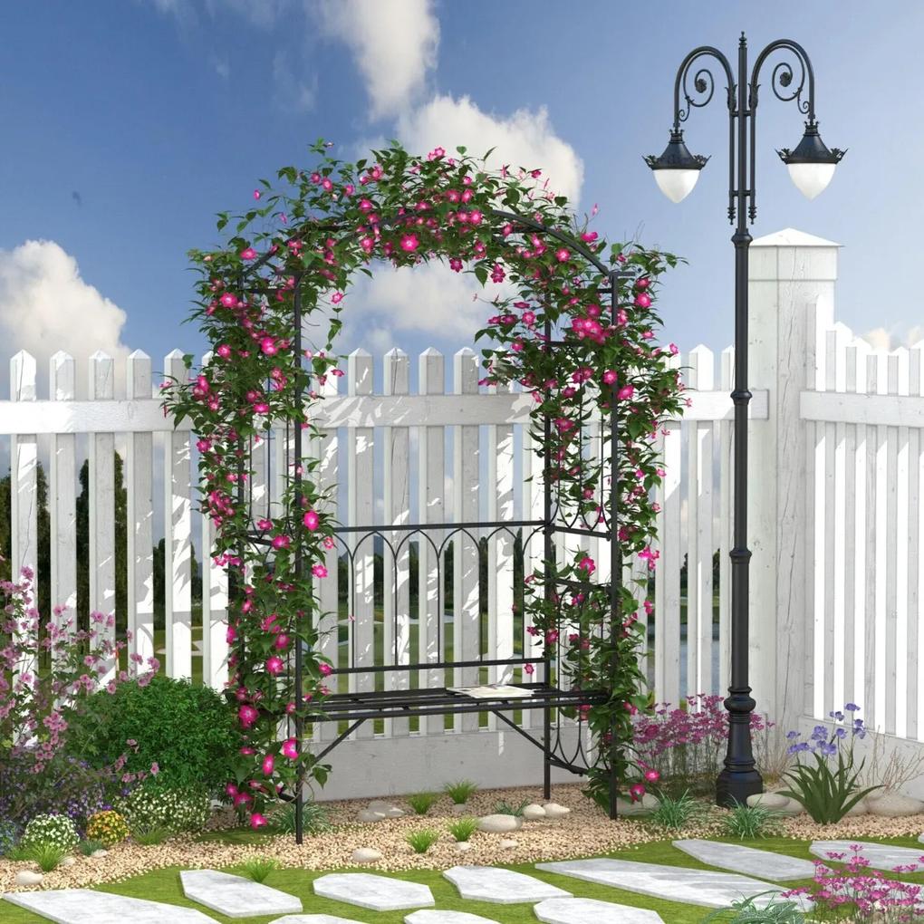 Outsunny Arco de jardim com banco de metal suporte para plantas trepadeiras e rosas para varanda 115x50x203 cm Preto