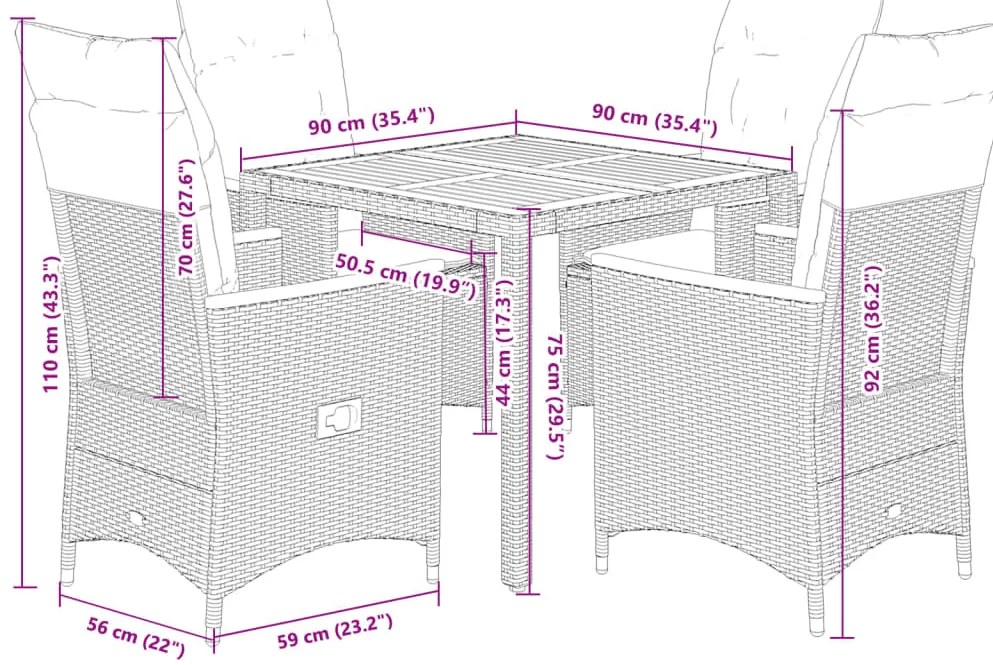 5 pcs conjunto de jantar p/ jardim c/ almofadões vime PE preto