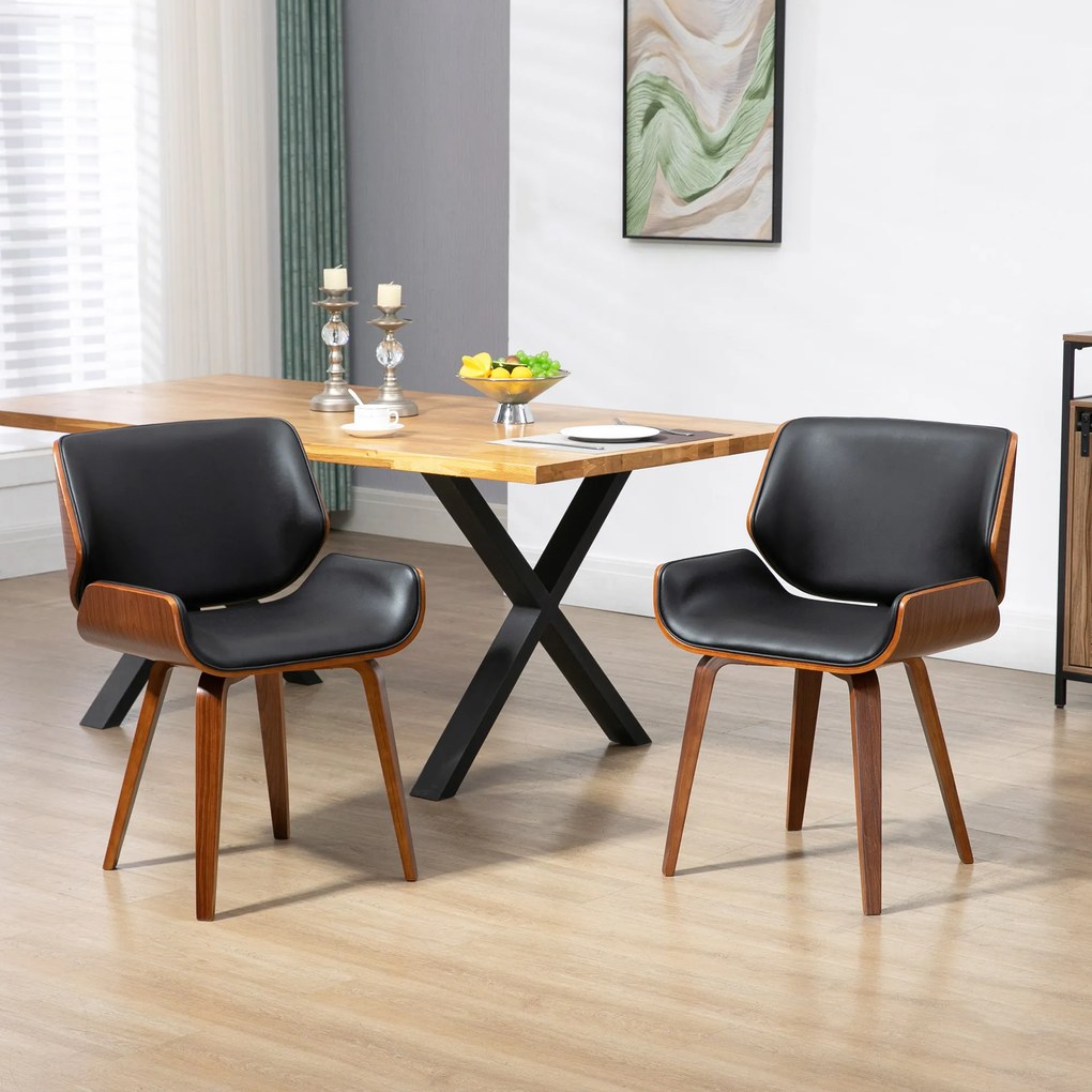 Conjunto de 2 Cadeiras de Jantar com Pés de Madeira Estofadas em Couro Sintético Encosto Curvado 53x54x81 cm Preto