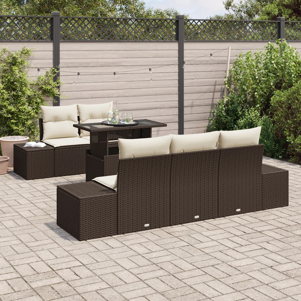 Conjunto de Sofá de Jardim de 6 Peças com Almofadas Castanho em Rattan