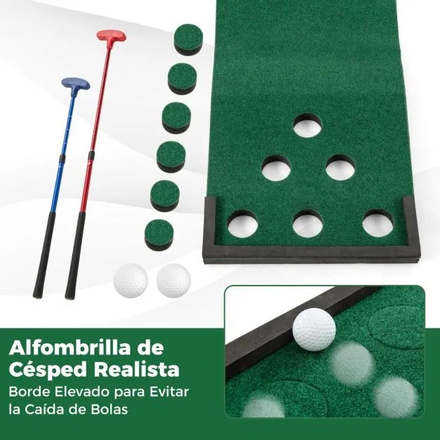 Jogo de Golf Tapete de 332 cm para Interior e Exterior com 2 Tacos Ajustáveis 6 Bolas Verde