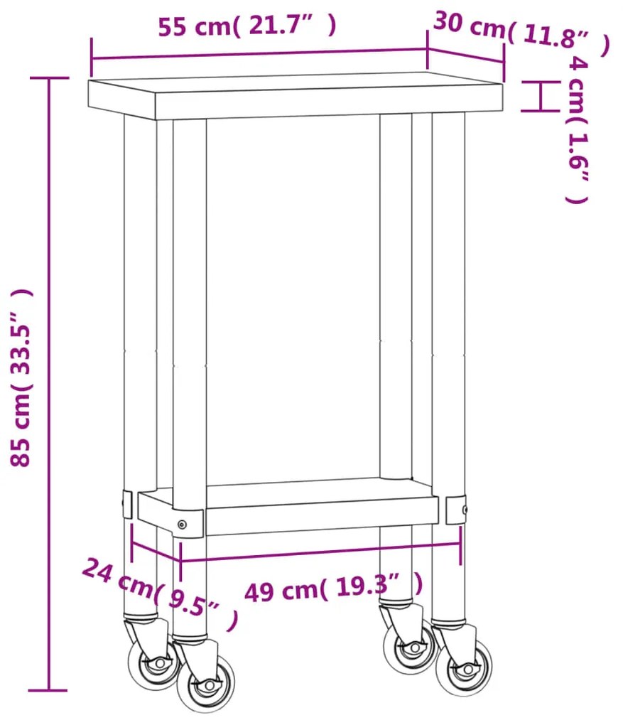 Mesa de trabalho de cozinha c/ rodas 55x30x85 cm aço inoxidável