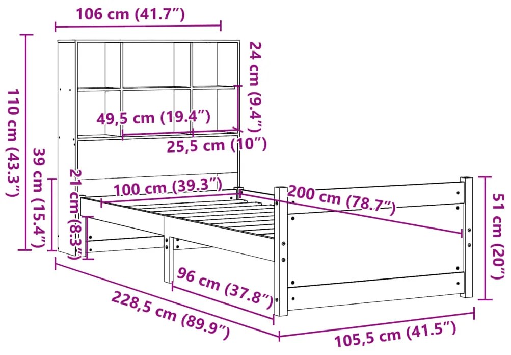 Cama com estante sem colchão 100x200 cm pinho maciço