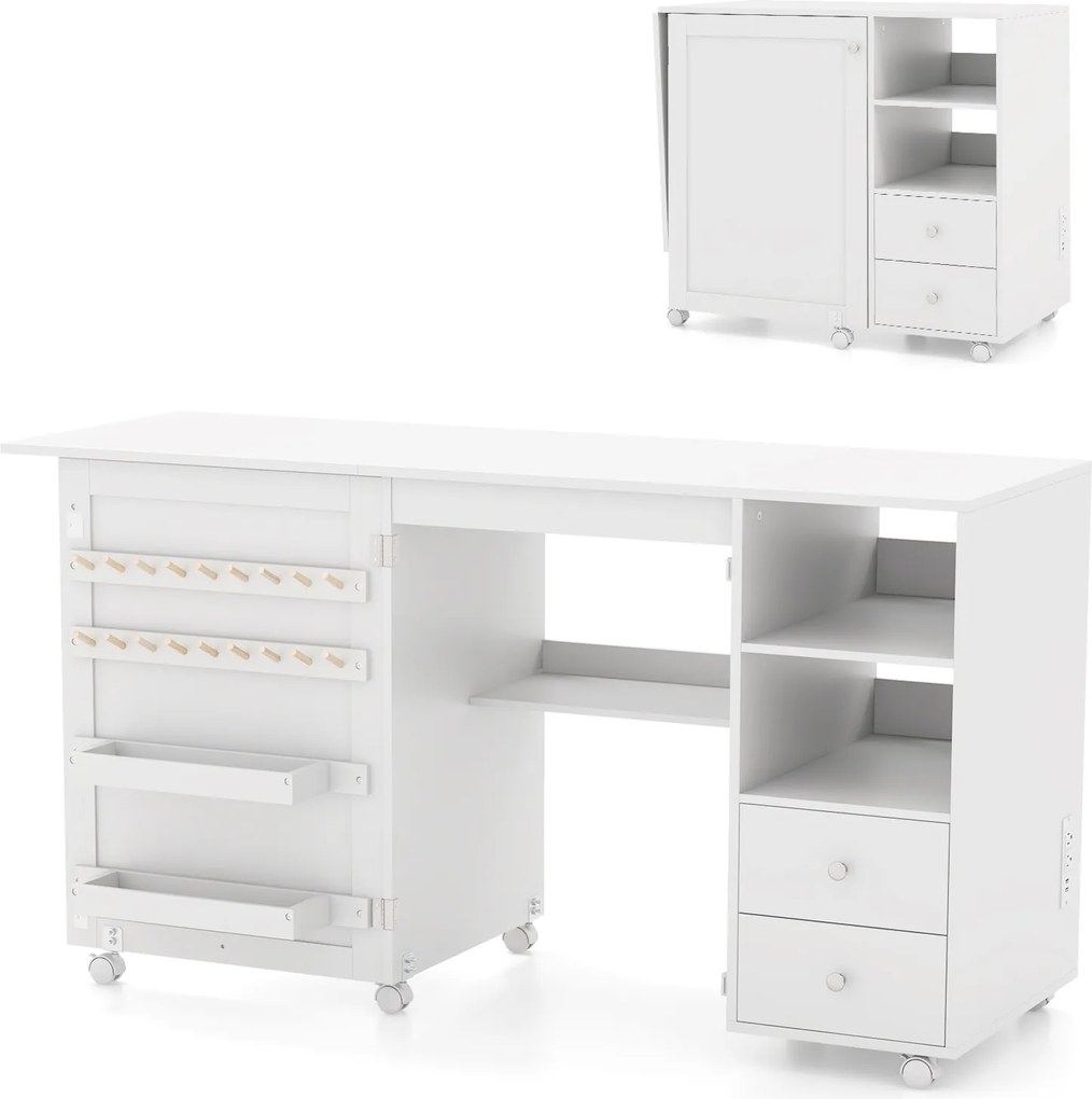 Mesa de Costura Dobrável, 88 x 50 x 78 cm, Estação de Carregamento Integrada, Branco