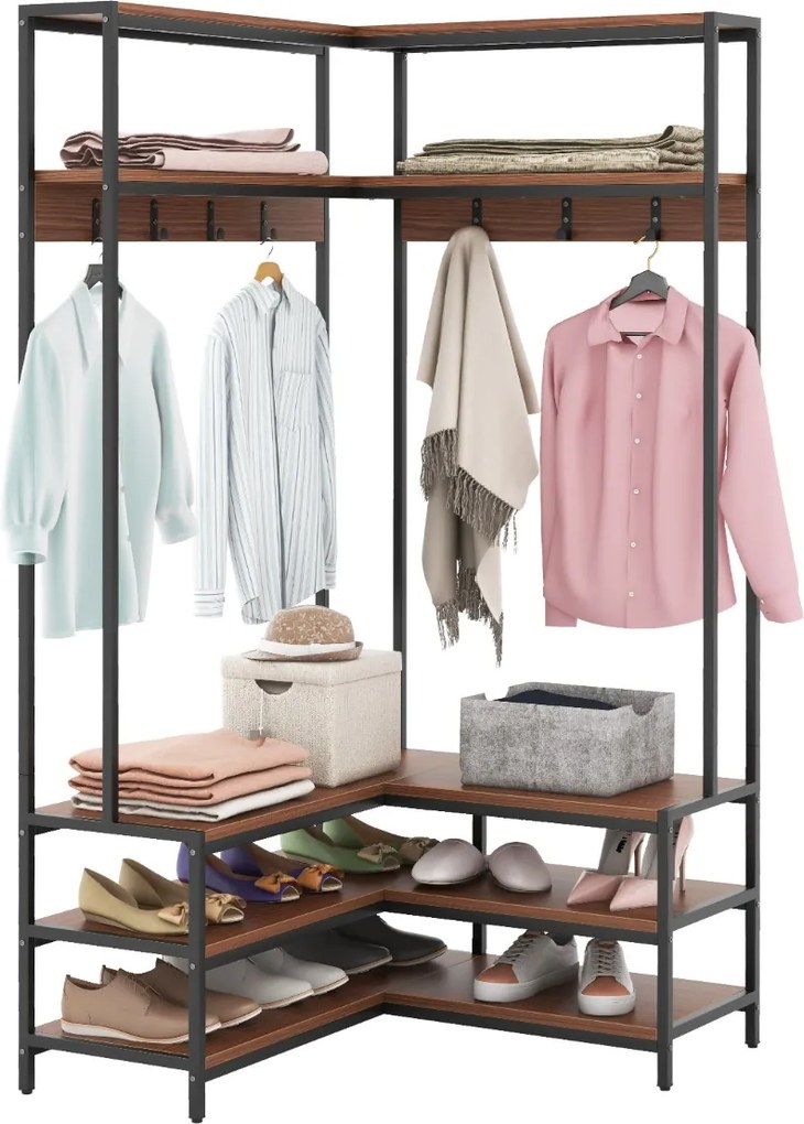 Guarda roupa aberto, móvel entrada de canto com prateleiras abertas e ganchos Banco para sapatos Estrutura metálica sólida 90 x 90 x 178 cm Cor Noguei
