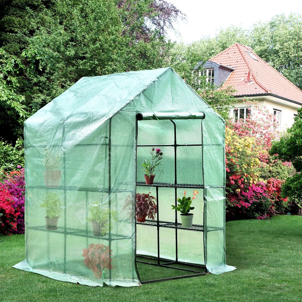 Outsunny Estufa de Jardim Estufa para Plantas com Prateleiras 143x143x195cm Estrutura de Aço Jardinagem Verde
