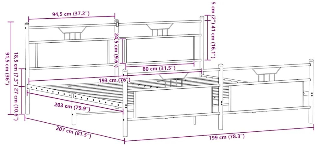 Estrutura de cama sem colchão 193x203cm metal carvalho fumado