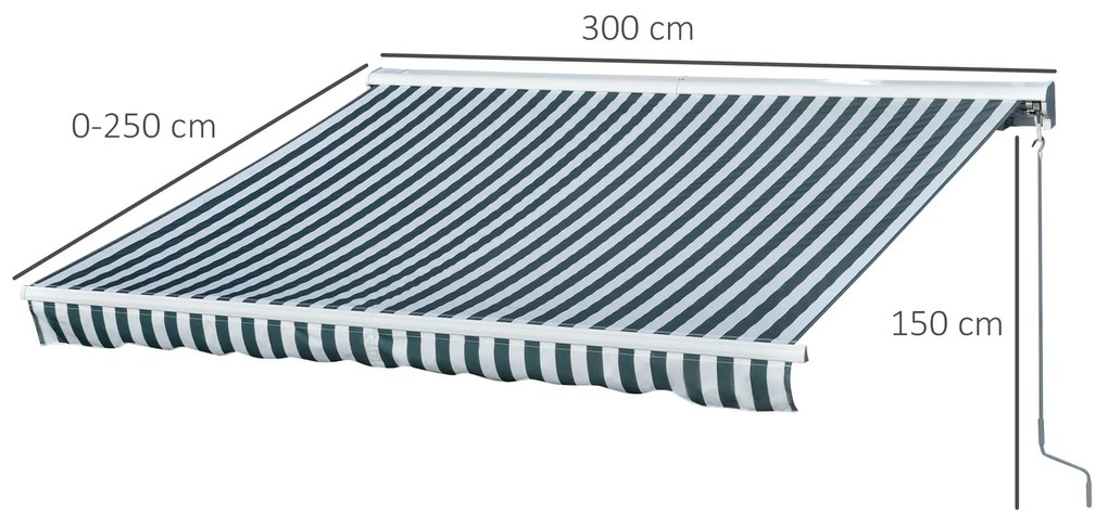 Toldo elétrico retrátil com função manual com manivela e controle remoto 300x250 cm para portas janelas verde e branco