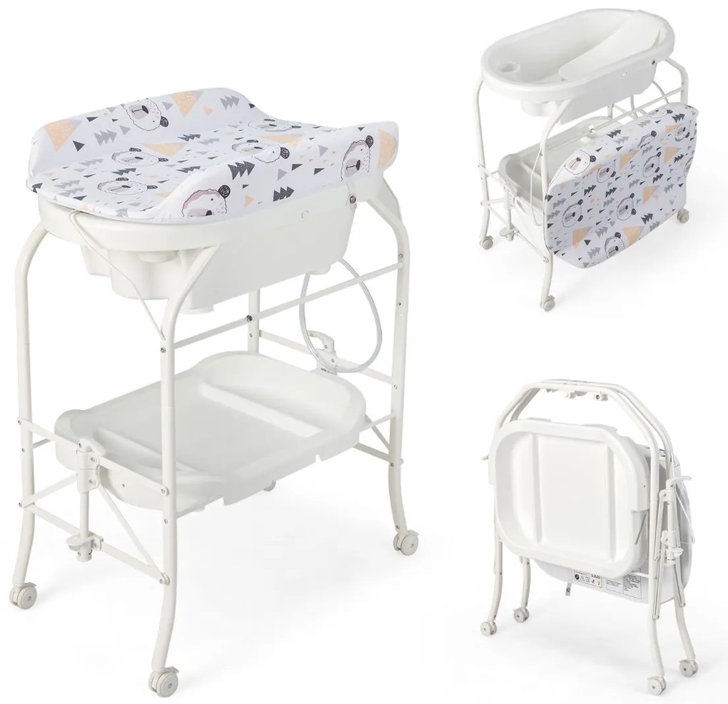 Troca-fraldas com banheira, portátil e dobrável, almofada em PVC, bandeja de armazenamento com 4 rodas universais, branco