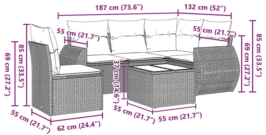 6 pcs conjunto sofás de jardim c/ almofadões vime PE preto