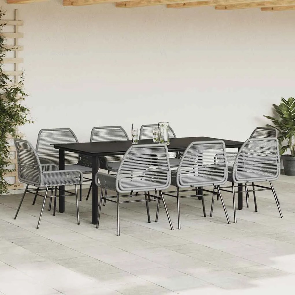 Conjunto jantar jardim 9 peças almofadas vidro vime cinzento PE