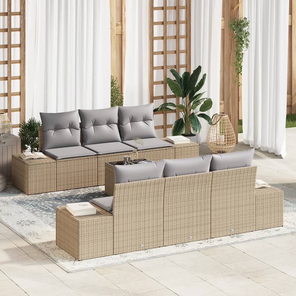 Conjunto de Sofás de Jardim de 7 Peças com Almofadas Bege em Rattan Si