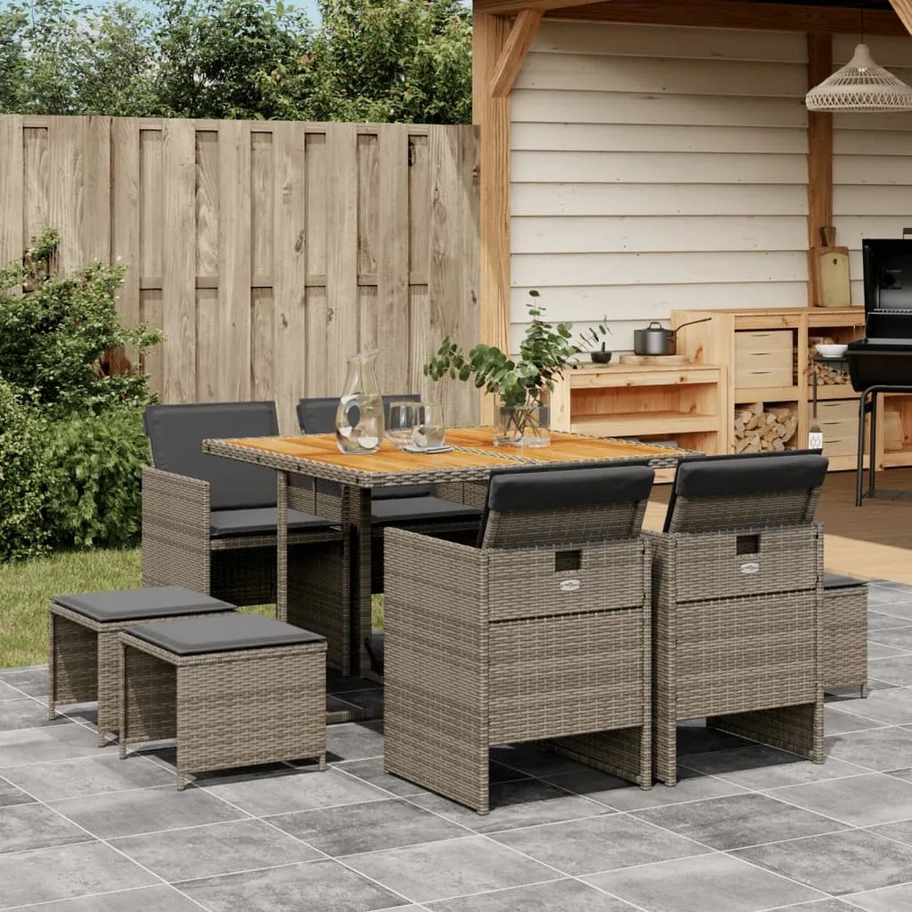 vidaXL 9 pcs conjunto de jantar p/ jardim c/ almofadões vime PE cinza