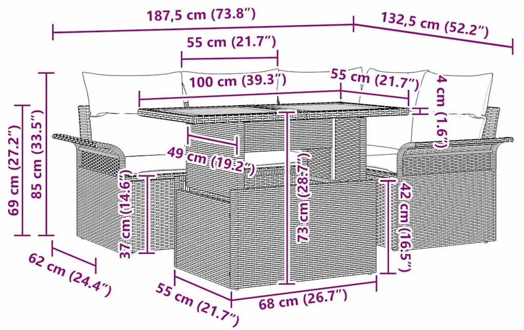Conjunto de Jantar para Jardim com 5 Peças e Almofadas Preto em Rattan