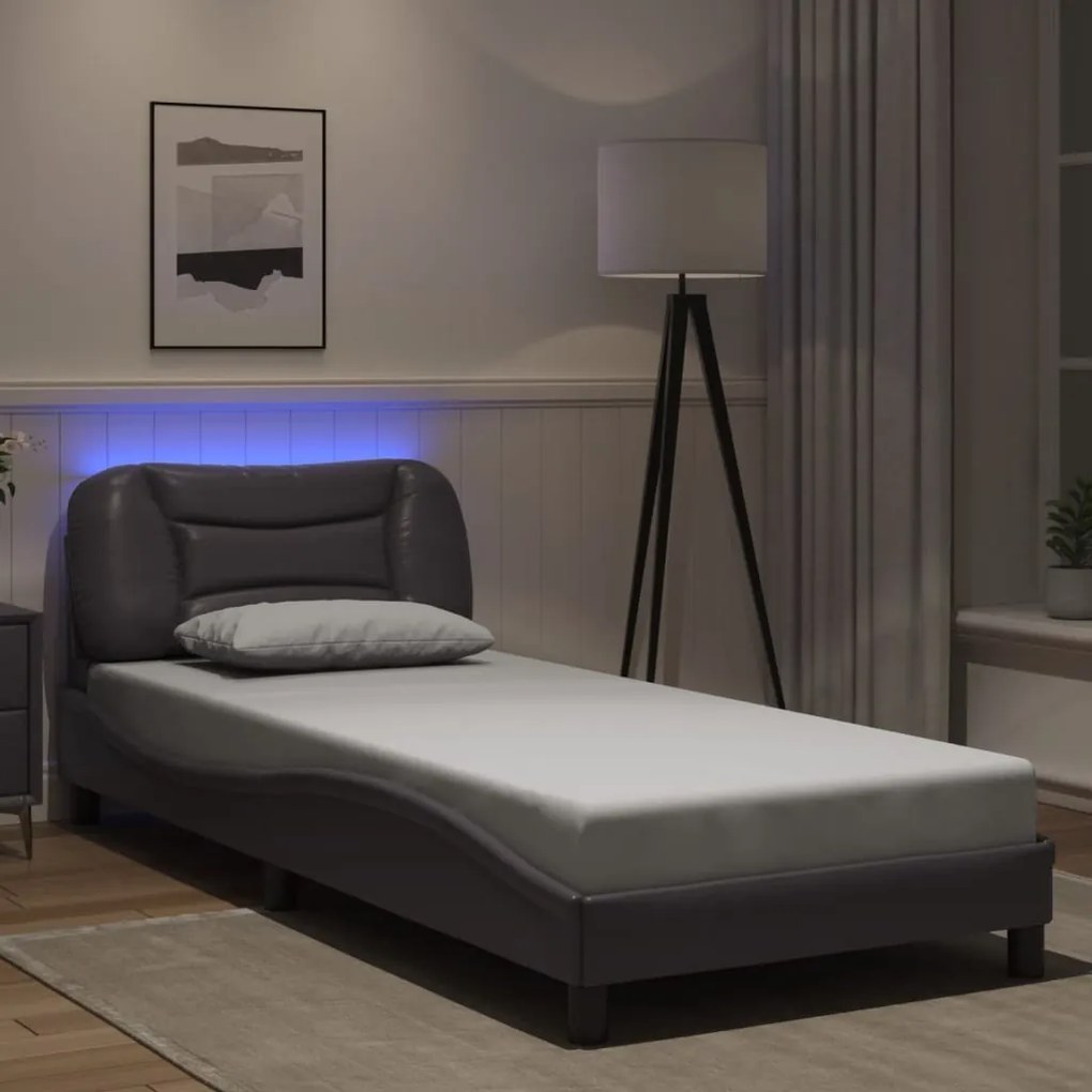 Estrutura de cama com luzes LED 90x200cm couro artificial cinza