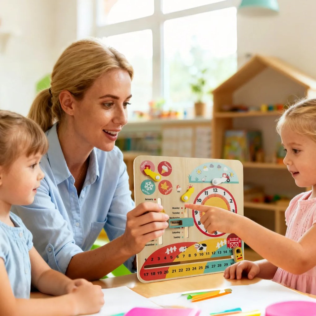 Brinquedo de madeira Montessori para crianças pequenas Relógio educativo para aprender sobre as estações e as datas Calendário multicolorido