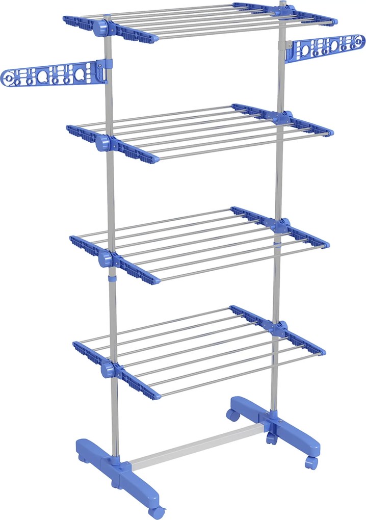 Estendal Vertical Dobrável de 4 Níveis com 6 Rodas 2 Laterais Dobráveis Prateleiras Ajustáveis 142x55x172 cm Azul