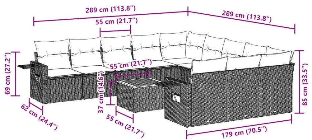 12 pcs conjunto de sofás p/ jardim com almofadões vime PE bege