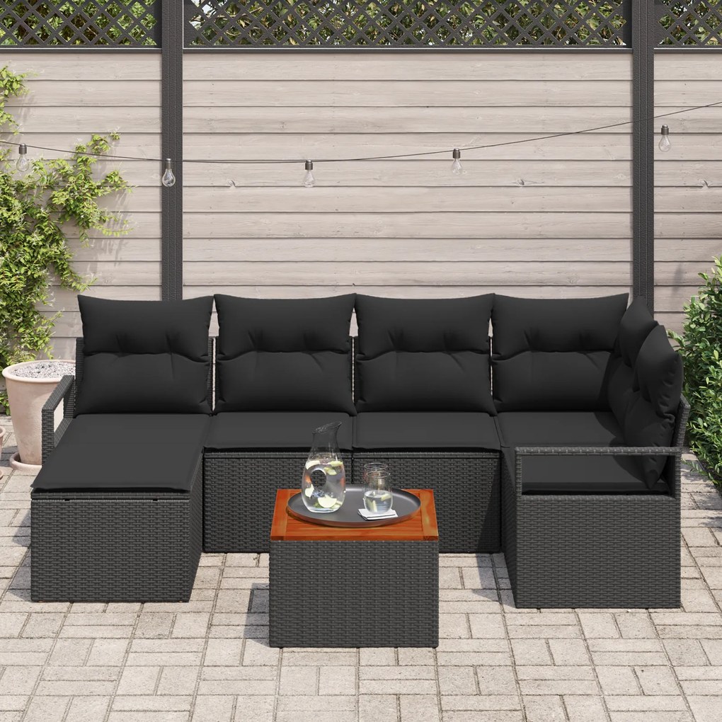 Conjunto de Sofá de Jardim vidaXL 7 Peças com Almofadas Preto Rattan P