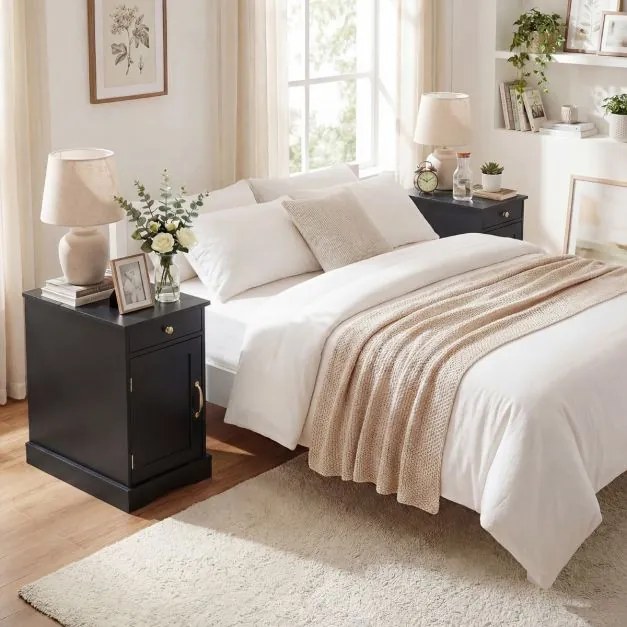 Conjunto de 2 mesas de cabeceira, mesa apoio 35 x 60 x 62 cm com estação de carregamento com gaveta Pretas