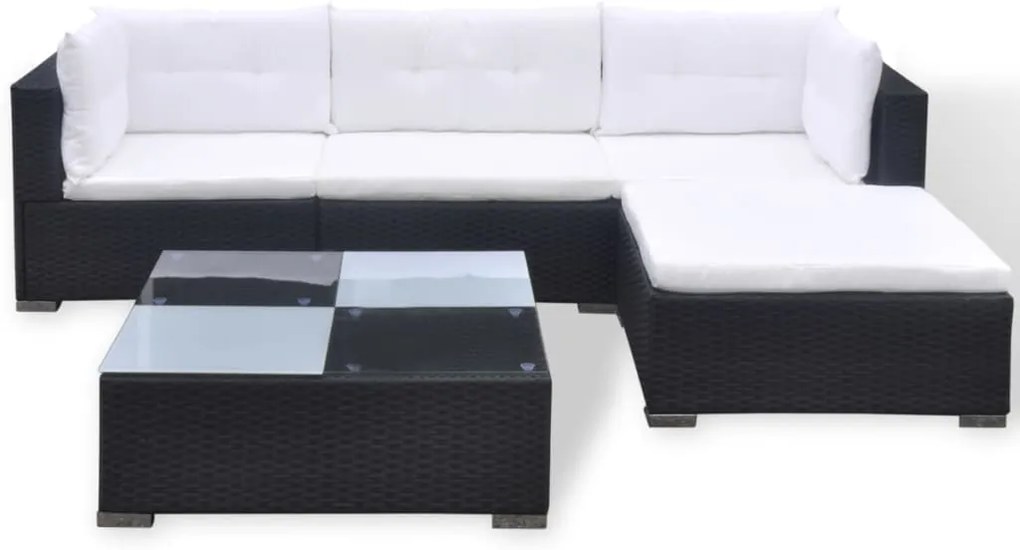 5 pcs conjunto lounge de jardim c/ almofadões vime PE preto