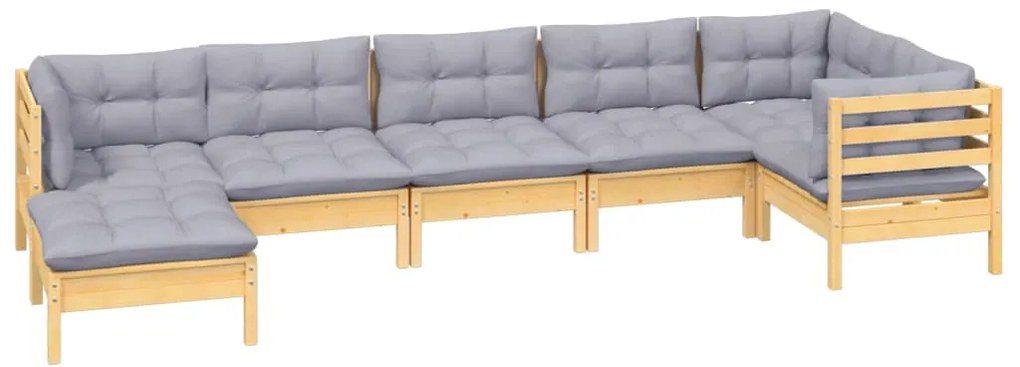 7 pcs conjunto lounge de jardim + almofadões cinza pinho maciço