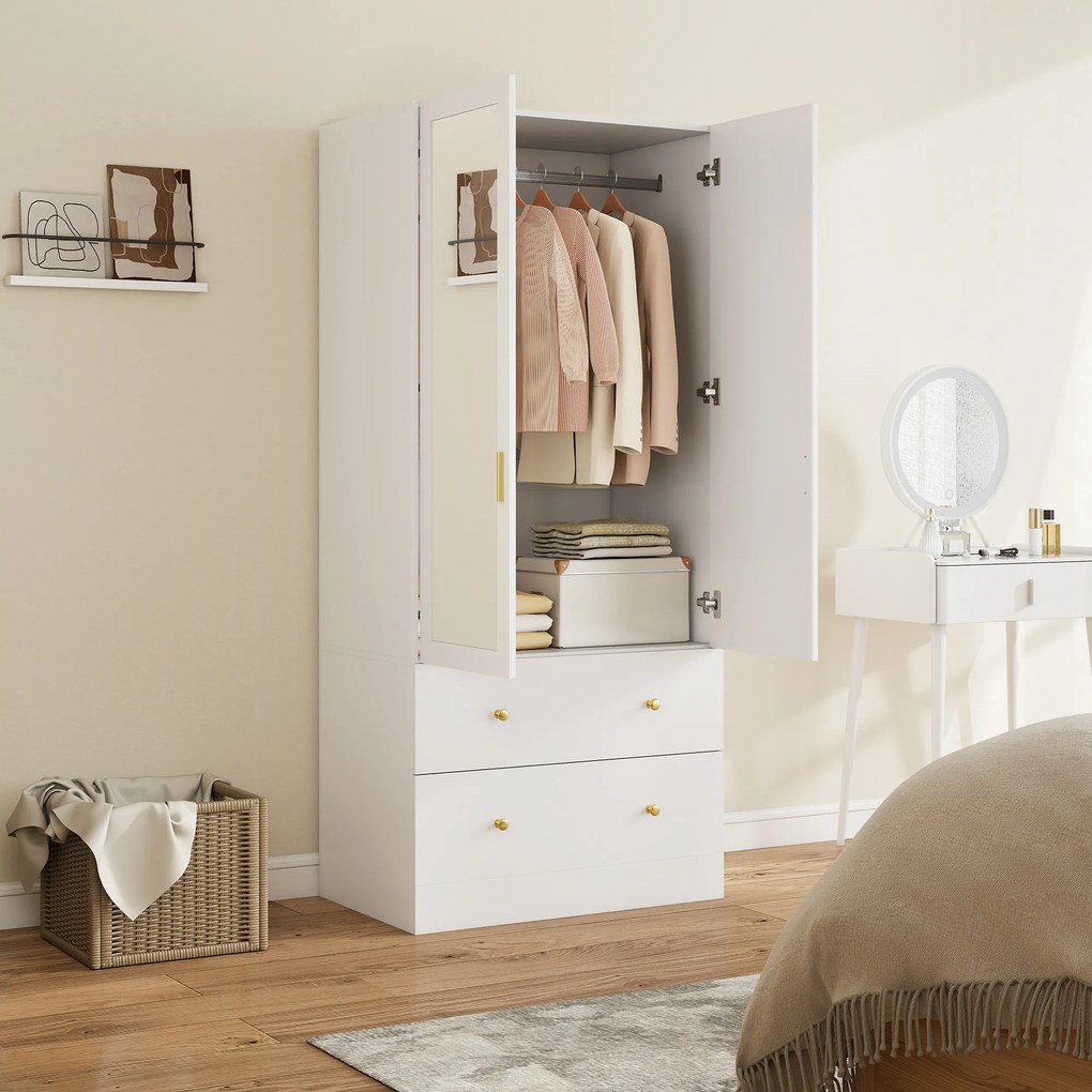 Guarda Roupa com 80x50x180 cm 2 Portas e 2 Gavetas Armário Roupeiro com Espelho Barra para Pendurar Estilo Moderno Branco