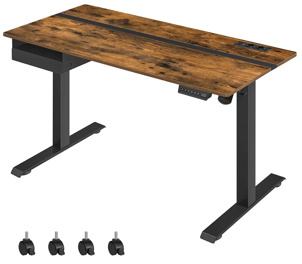 Mesa elétrica VASAGLE LSD114X01 com altura ajustável, tomada e gaveta, superfície de mesa de 60 x 140 cm, infinitamente ajustável, função de memória com 4 alturas, marrom vintage/preto