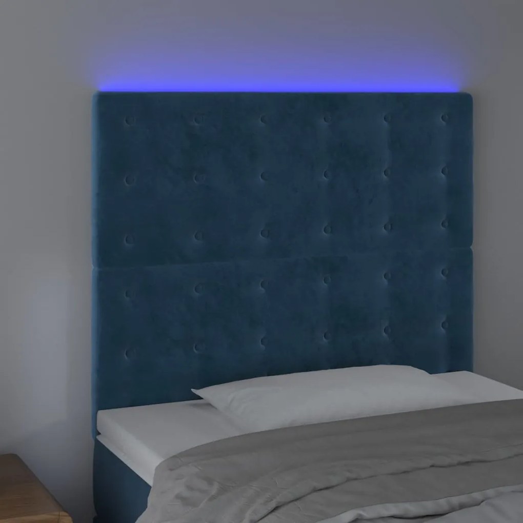 Cabeceira cama c/ luzes LED veludo 80x5x118/128cm azul-escuro