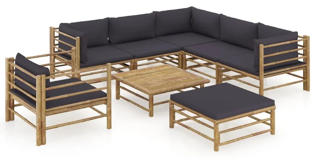 8 pcs conj. lounge jardim em bambu c/ almofadões cinza-escuro