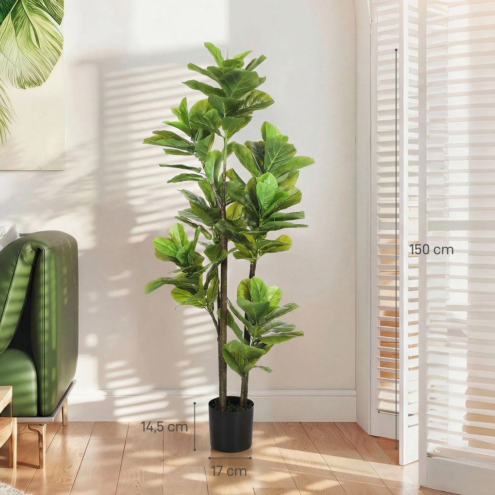 Conjunto de 2 plantas artificiais de interior com 150 cm, planta artificial de figueira-lira com vaso de cimento, verde