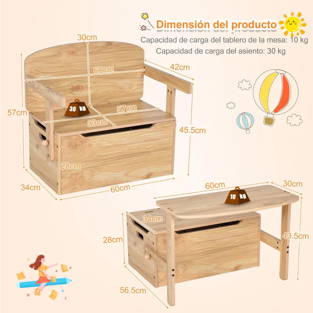 Conjunto de mesa de actividades convertível para crianças 3 em 1 com caixa de arrumação para brinquedos Natural