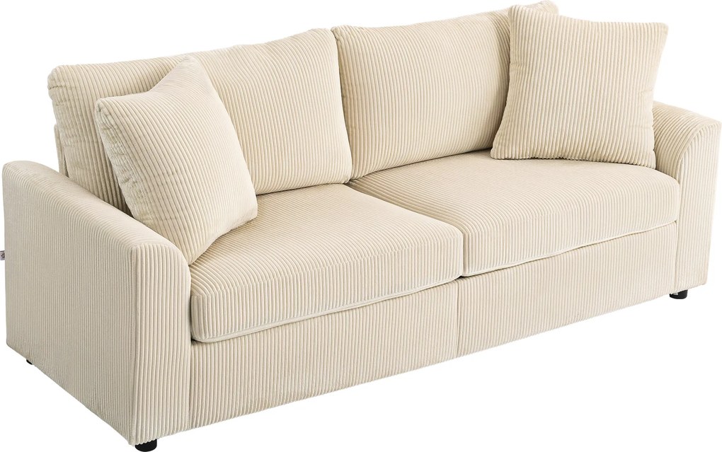 Sofá de 3 lugares com 212 cm, com 2 almofadas de molas, tecido de veludo canelado, creme