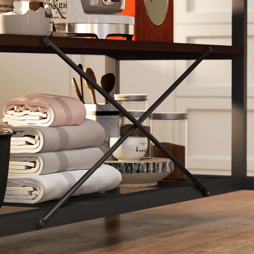 Estante de Cozinha com Tomada de Corrente (BANCOS NÃO INCLUIDOS) Estilo Industrial com Prateleiras Ganchos Móvel Auxiliar 116x70x182 cm Castanho rústi