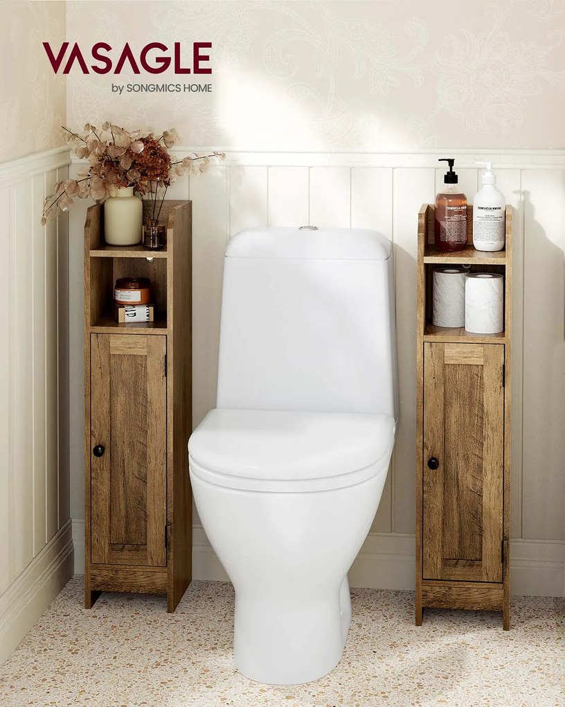 Armário de casa de banho estreito 20 x 18 x 80 cm com porta e prateleira para casas de banho pequenas castanho mel