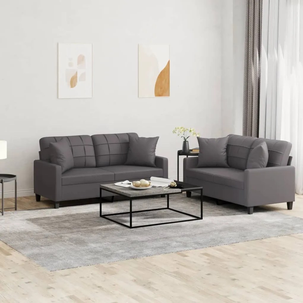 3201370 vidaXL 2 pcs conjunto de sofás com almofadas couro artificial cinzento