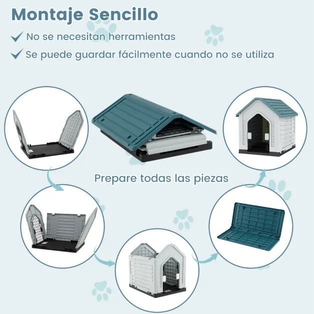 Casota para cães 66,5 x 52 x 60 cm com porta metálica com fechadura e telhado inclinado Boa ventilação para interior e exterior Azul