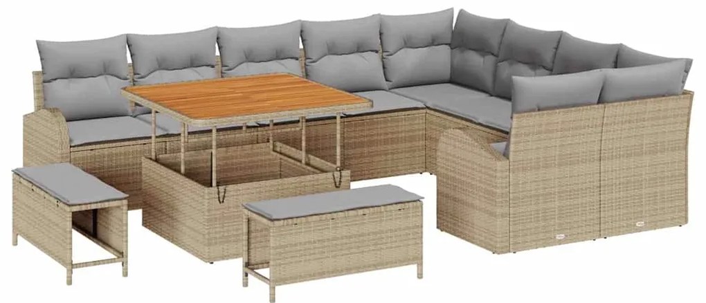 Conjunto de Sofás de Jardim de 12 Peças com Almofadas Bege de Rattan P