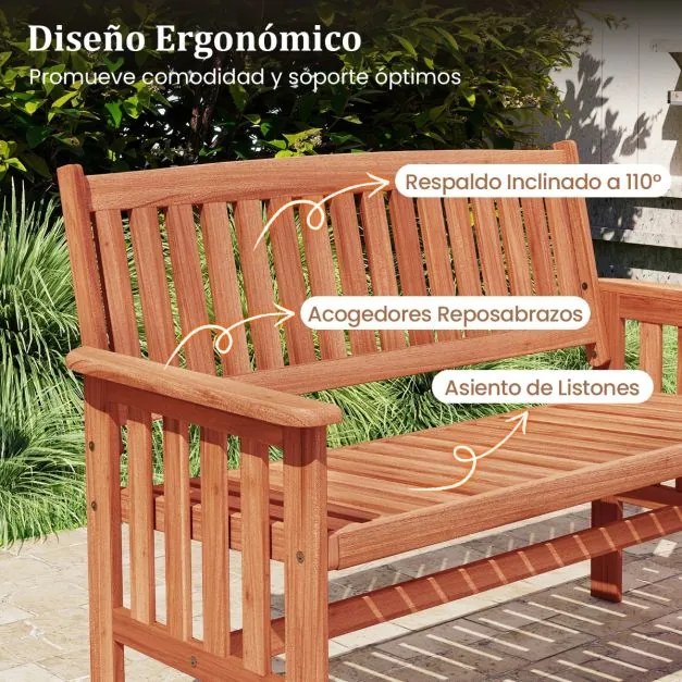 Banco de jardim em madeira para exterior para 2 pessoas, encosto inclinado, braços, assento com ripas, para terraço, pátio ou alpendre, 59,5 x 119 x 8