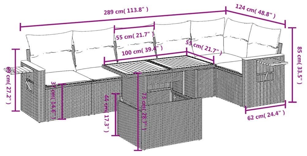 7 pcs conjunto de sofás p/ jardim c/ almofadões vime PE preto