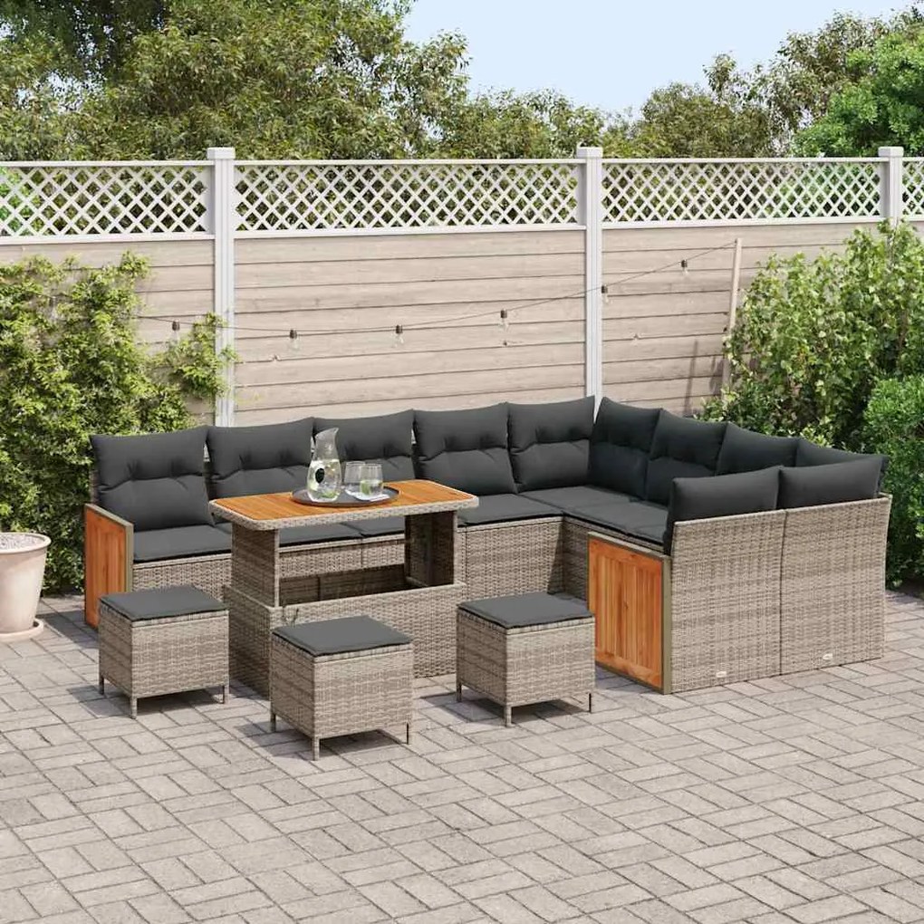 Conjunto de Sofá de Jardim com 13 Peças Cinza Rattan Sintético Acácia