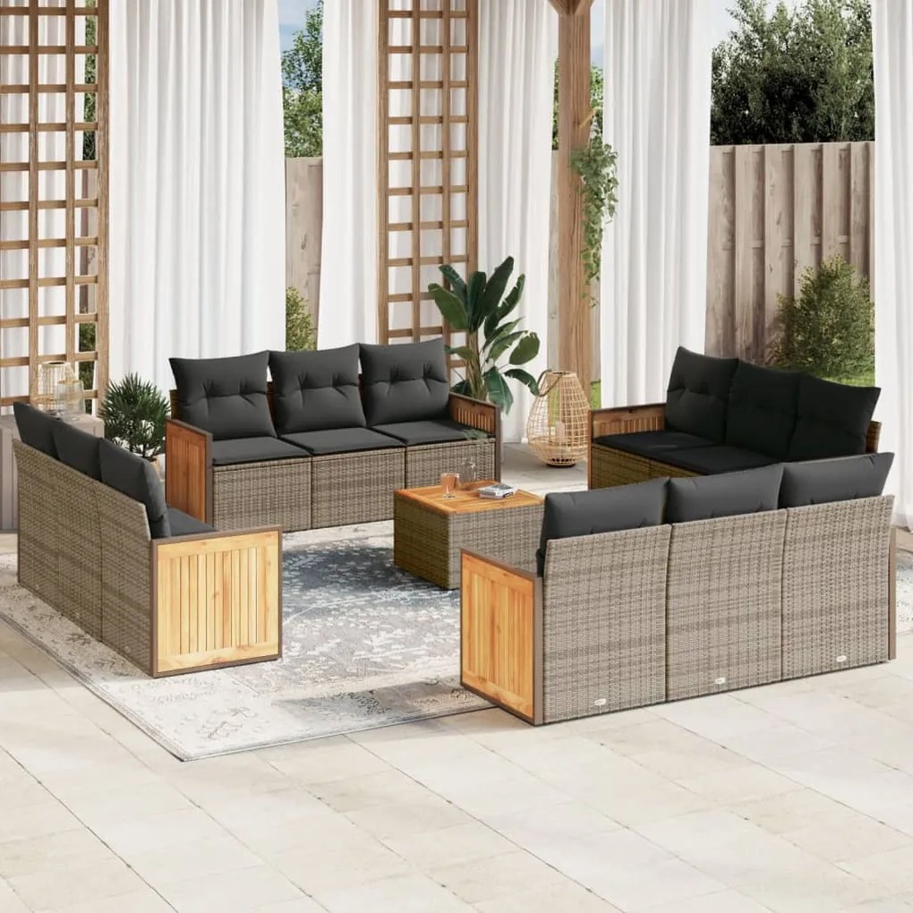 13 pcs conjunto sofás p/ jardim c/ almofadões vime PE cinzento