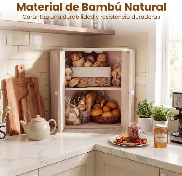 Caixa de pão de canto em bambu de dupla camada com prateleira ajustável 31 x 31 x 41 cm, e estilo rústico, para bancada de cozinha, branco Antigo