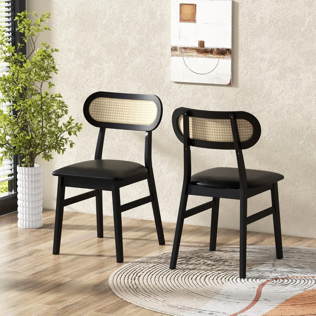 Conjunto de 2 cadeiras de jantar de madeira para interior com assento almofadado e encosto de cozinha em rattan com cobertura em pele sintética Preto