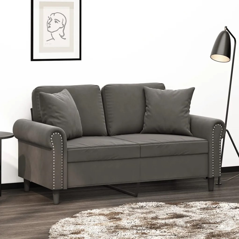 vidaXL Sofá 2 lug. c/ almofadas/almofadões 120 cm veludo cinza-escuro